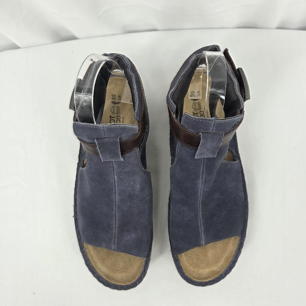 Naot Navy Suede T-Strap Sandals with Brown Strap - Picture 4 of 10
